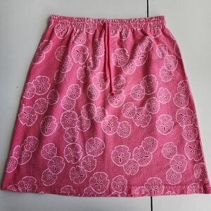 On White Woman's Drawstring Elastic Waist Pink Sandollar Print Cotton Skirt Sz L
